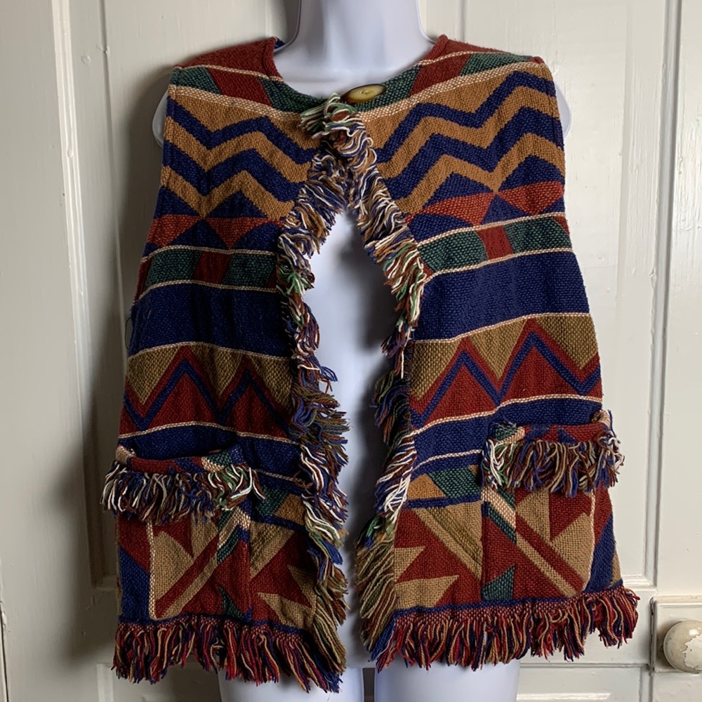 SGS STUDIO Vintage Woven Southwestern Vest with Fringe Size M/L
